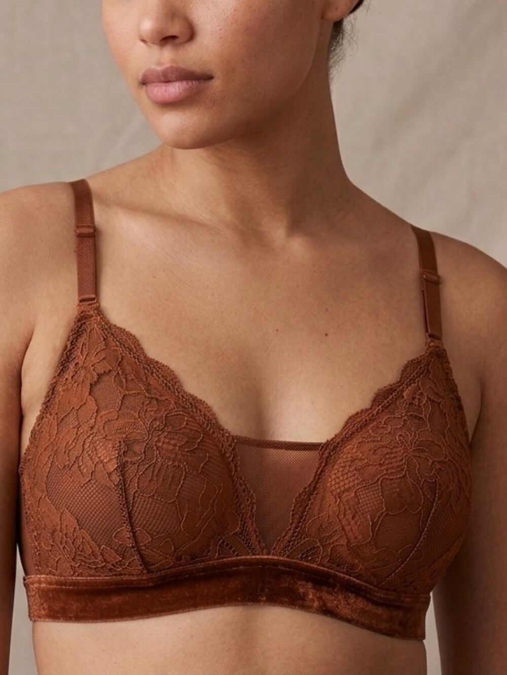 Auden Brown Lace & Velvet V-Neck Bra Bralette Medium - Boho Lingerie